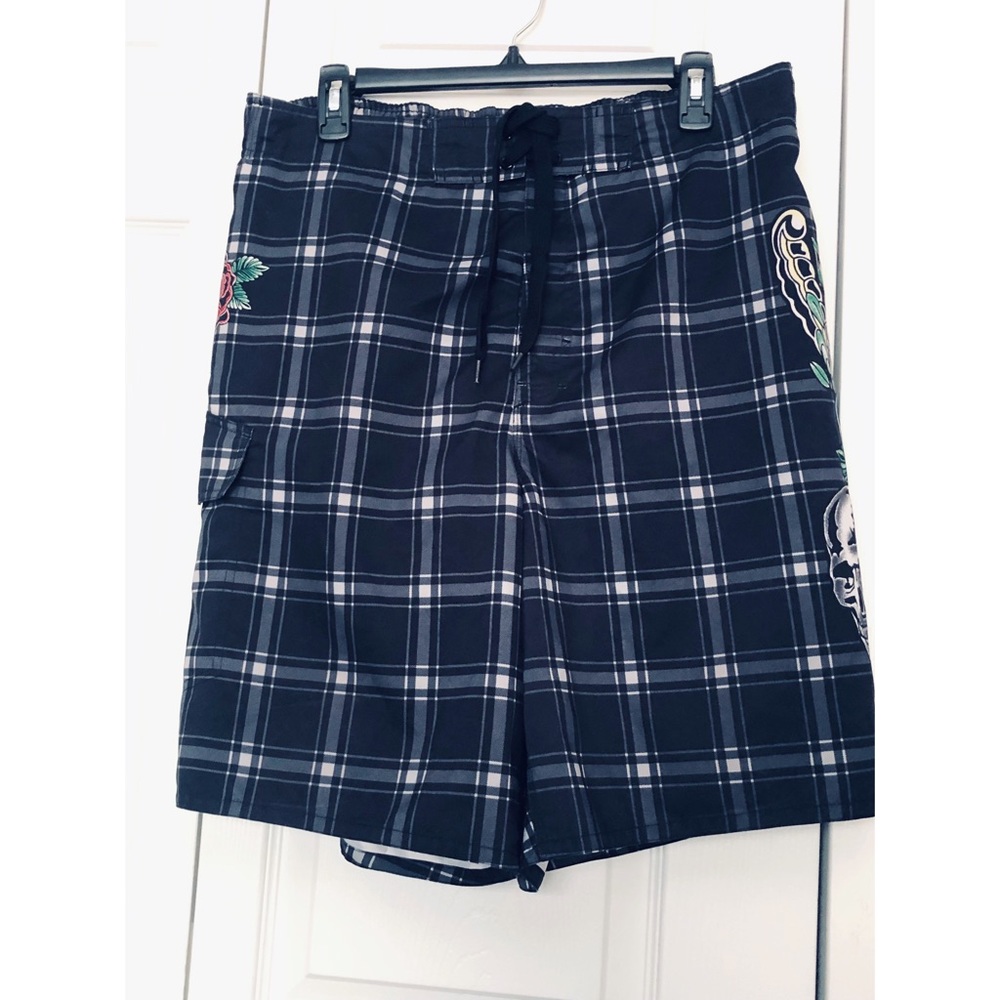 Joe Boxer Mens Plaid Blue Swim Trunks with Colorful Designs